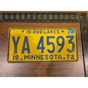 1972 Minnesota License Plate YA 4593 10000 Lakes Yellow‎ Vintage Auto Car